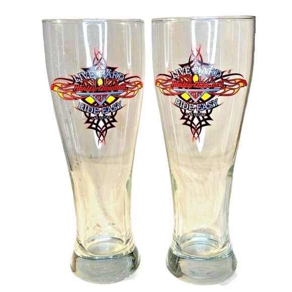 Harley Davidson Ride Easy Cafe Las Vegas Pair Pilsner Beer Glasses - Picture 1 of 14